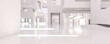 Geniş açılı modern beyaz iç mekan manzarası ve açık kat planı. Doğal ışık geniş pencerelerden akar, parlak, minimalist tasarımı aydınlatır. Güneş ışığının yansıması...