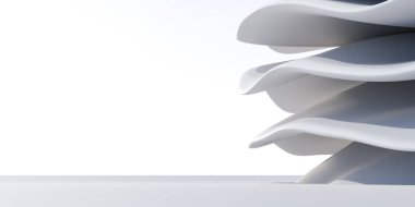 Bilgisayar tarafından oluşturulan bir görüntü, dalgalı ve akışkan bir biçime sahip beyaz, soyut bir mimari yapıyı gösterir. Yapı, katı beyaz bir arkaplan karşısında üç boyutlu olarak oluşturulmuştur.