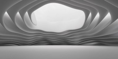 Beyaz, kıvrımlı tavanlı, oval bir deliğin içinden geçen doğal ışık filtreli modern bir iç tasarım. Tavan aşağı doğru kıvrılır, derinlik ve boyut hissi yaratır..