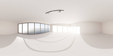 Beyaz duvarları, beyaz zemini ve içeri ışık girmesini sağlayan geniş pencereleri olan boş bir odanın 360 derecelik panoramik görüntüsü. Oda, yol boyunca minimalist ışıklandırma ile modern.