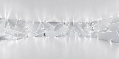 Bir dizi geometrik şekilli beyaz arka plan, bazıları açılı ve diğerleri düz, soyut bir tasarım oluşturur. Şekiller beyazla çizilmiş, derinlik ve boyut hissi yaratıyor. Işıklandırma
