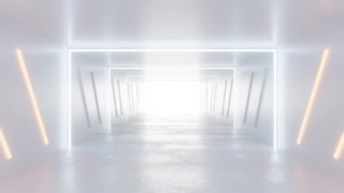 Fütürist, minimalist bir koridor. Parlayan beyaz ve turuncu ışıkları var. Kamera animasyonu 4k 60 fp.