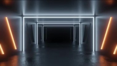 Neon ışıkları ve yansıtıcı kamera tavalı animasyonlu 4k 60 fp 'lik geleceksel koridor.