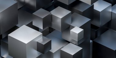 Çeşitli boyutlarda metalik küplerin üç boyutlu soyut çizimi, geometrik desen oluşturur.
