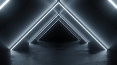 Parlayan neon ışıklardan oluşan üçgen şekilli karanlık, minimalist bir koridor. Zemin yansıtıcı, gelecekteki atmosferi geliştiriyor. Işıklandırma derinlik ve perspektif hissi yaratır.