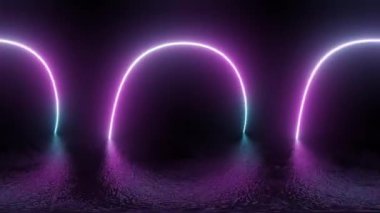4k 60 fps pürüzsüz bir döngü videosu fütüristik soyut bir sahne üzerinde parlak neon kavisler ile koyu bir arkaplan üzerinde. Kavis ıslak bir yüzeye yansıyor. 360 derece vr video