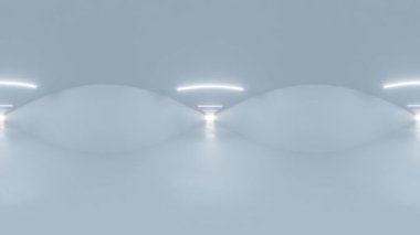 4k 60 fps kusursuz döngü videosu. Geniş, minimalist bir iç mekan. Pürüzsüz, açık renkli zemin ve yumuşak ortam aydınlatması var. Duvarlar ve tavan pürüzsüzdür. 360 derece vr video