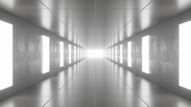 4k 60 fps kusursuz bir döngü videosu modern, minimalist koridor duvarları parlak, floresan ışıklarla kaplayan. Perspektif sonunda parlak bir ışığa götürür, derinlik hissi yaratır..