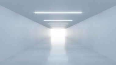 4k 60 fps kusursuz bir döngü videosu. Minimalist, beyaz duvarları ve tavanı olan parlak bir koridor. Zemin yansıtıcı, ışık etkisini arttırıyor. Doğrusal ışıklar tavanda eşit aralıktadır..