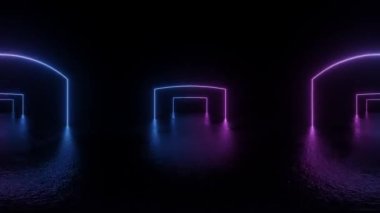 4k 60 fps pürüzsüz bir döngü videosu. Mor ve mavi renkli parlak neon kemerlerin yer aldığı karanlık bir sahne. Bir su yüzeyine yansıyor. Kemerler fütüristik ve dalgın bir atmosfer yaratıyor..