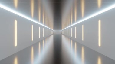 Parlak beyaz duvarları ve yansıtıcı döşemeleri olan modern, minimalist bir koridorun animasyonu. Dikey ışık şeritlerinin yumuşak, ortam aydınlatması fütüristik bir atmosfer yaratır. 60fps 4k video