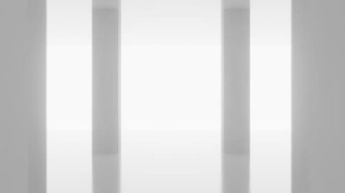 4k 60fps video A minimalist iç uzay beyaz sütunlar içeren parlak, beyaz arka plan. Zemin yansıtıcı, temiz ve modern estetiği geliştiriyor..