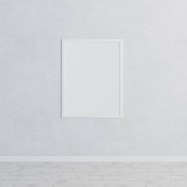 Altında ahşap zemin olan açık gri bir duvara monte edilmiş boş beyaz bir çerçeve. Çerçeve boş, minimalist bir estetik oluşturuyor..