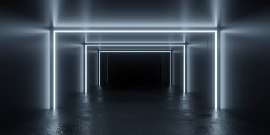 Duvarları ve zemini aydınlatan parlak neon ışıklarla dolu fütüristik bir koridor, koyu arkaplan ile çarpıcı bir kontrast oluşturuyor. Perspektif derin, gölgeli bir boşluğa götürür..