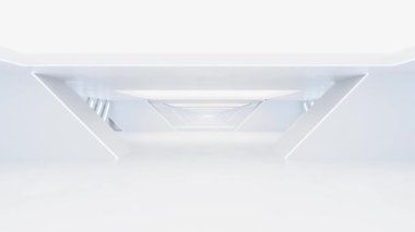 Beyaz duvarlı ve parlak ışıklı minimalist bir koridorun 60 fps 4k döngü videosu. Tasarım açısal şekiller ve temiz, ferah bir görünüm içeriyor, derinlik hissi yaratıyor..