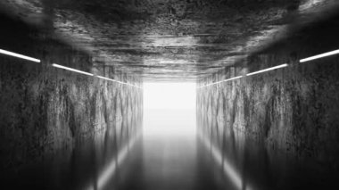 60 fps 4k döngü video uzun, dar bir koridor desenli beton duvarlar ve yansıtıcı bir zemin, yumuşak, doğrusal ışıklar tarafından aydınlatılmış, sonunda parlak bir ışık yol gösteren.