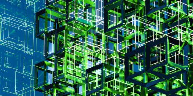 Şeffaf küp ve çizgiler de dahil olmak üzere yeşil ve mavi geometrik şekillerden oluşan karmaşık bir düzenleme içeren soyut dijital sanat eserinin 3D duvar kağıdı arka planı, geleceksel bir his yaratıyor..