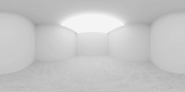 360 vr 3d görüntü, minimalist, beyaz duvarlı boş bir oda ve parlak, dairesel tavan ışığı. Zemin hafif bir dokuyla kaplı, temiz ve ferah bir atmosfer yaratıyor..