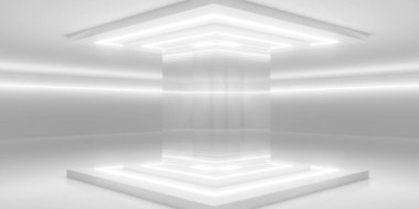 Fütürist, minimalist bir iç mekan. Parlayan beyaz ışıklarla büyük, yansıtıcı bir yapı. Alan parlak ve temiz, modern tasarımı vurguluyor..