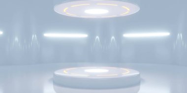 Parlak beyaz zemin ve duvarları olan minimalist bir iç mekan. Tavandan sarkan iki dairesel platform yumuşak ışıklarla aydınlatılıyor. Çevrenin parlak, yüksek teknolojisi var.