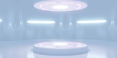 Parlak beyaz zemini ve duvarları olan fütürist, minimalist bir iç mekan. Yukardan aydınlanan dairesel bir platform havada süzülen bir ışık kaynağıyla bir bilim kurgu atmosferi yaratıyor..