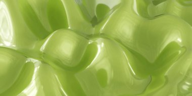 Pürüzsüz, dalgalı, parlak yeşil bir yüzey, sıvı ya da jel benzeri bir maddeye benziyor. Yüzeyin parlak bir sonu var, ışığı yansıtıyor ve dinamik bir görsel etki yaratıyor..