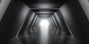 A futuristic corridor with geometric walls leading to a bright light at the end. The floor is reflective, enhancing the modern aesthetic.
