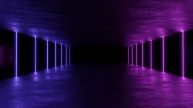 4k 60fps 3d döngü animasyonu fütüristik, karanlık bir koridor parlak mor ve mavi ışıklarla aydınlatılıyor. Parlak zemin renkli ışıkları yansıtıyor ve gerçeküstü bir atmosfer yaratıyor..