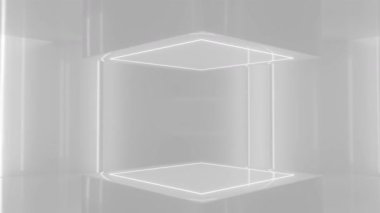 4k 60fps 3d döngü animasyonu Minimalist, parlak beyaz yüzeyli ve parlak kenarlı fütürist iç mekan. Uzay geometrik şekiller ve parlak, yansıtıcı bir çevreye sahiptir.