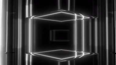 Karanlık bir ortamda parıldayan çizgiler ve geometrik şekillerin yer aldığı fütüristik, soyut bir sahnenin 4k 60fps 3d döngü animasyonu. Işık derinlik ve boyut hissi yaratır..