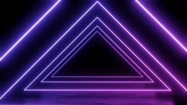 4k 60fps 3d döngü animasyonu mor ve mavi renkli parlayan neon üçgenler, karanlık bir arka plana karşı büyüleyici bir tünel etkisi yaratır.