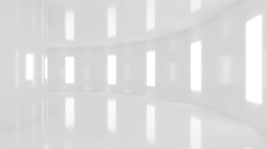 Pürüzsüz beyaz duvarları ve parlak dikdörtgen pencereleri olan modern, minimalist bir iç mekanın 4k 60fps 3d döngü animasyonu. Zemin ışığı yansıtıyor, temiz ve geleceksel bir atmosfer yaratıyor..