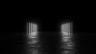 4k 60fps dikey neon ışık şeritleriyle aydınlatılan karanlık, minimalist bir uzayın canlandırması, fütürist bir atmosfer yaratıyor. Zemin yansıtıcı, ışık etkisini arttırıyor..