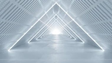 4k 60fps üçgen desenli, parlak beyaz ışıklarla dolu fütüristik, minimalist bir koridorun animasyonu uzayı aydınlatıyor, derinlik ve perspektif duygusu yaratıyor..