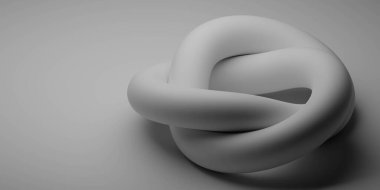 Gri bir zemin üzerinde beyaz düğüm benzeri bir şeklin pürüzsüz, soyut bir 3B yansıması, eğriler ve kıvrımlar gösterir.