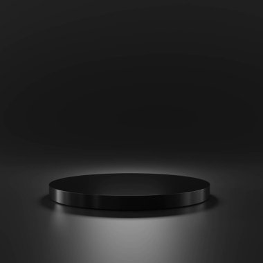 Koyu arkaplan üzerinde minimalist siyah bir podyum, ürün gösterimleri veya sunumlar için ideal.