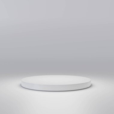 Yumuşak gri arkaplan üzerinde yuvarlak beyaz bir platform, ürün gösterimleri veya sunumlar için ideal.