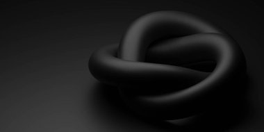 Pürüzsüz, siyah, soyut bir düğüm şekli koyu bir arka planda, kıvrımlar ve kıvrımlar sergiliyor. Tasarım minimalizmi ve modern estetiği vurguluyor..