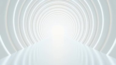 4k 60fps yumuşak beyaz ışıkla aydınlatılan eşmerkezli dairesel desenli fütüristik bir tünelin animasyonu. Pürüzsüz, yansıtıcı zemin ruhani atmosfere katkı sağlar.
