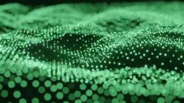 4k 60fps parlayan yeşil noktalardan oluşan dijital bir manzaranın yakın plan animasyonu, bir ağın veri görselleştirmesine veya soyut temsiline benziyor.