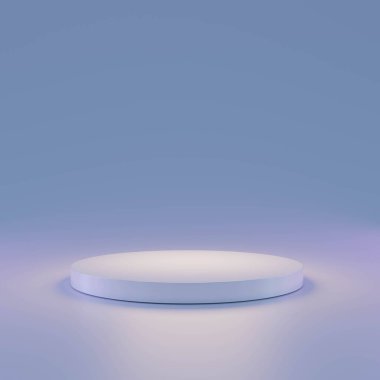 Yumuşak ışıklandırmalı, minimalist, dairesel bir platform, pürüzsüz bir gradyan zemin üzerine kurulmuş, mavinin tonlarında. Ürün gösterimleri veya sunumlar için ideal.