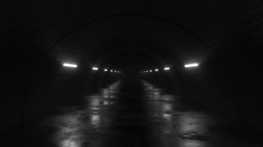 4k 60fps ıslak zemine yansıyan loş ışıklı karanlık, boş bir tünelin animasyonu.
