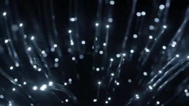 4k 60fps koyu arkaplan ile parlayan fiber optik kabloların soyut görüntüsünün canlandırma döngüsü.