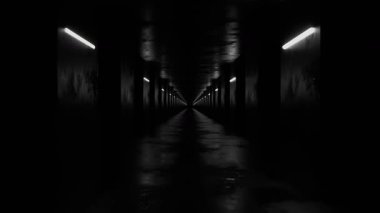 4k 60fps karanlık, ürkütücü bir koridor animasyonu loş ışıklandırma ve yansıtıcı zemin, bir gizem ve belirsizlik hissi yaratıyor.