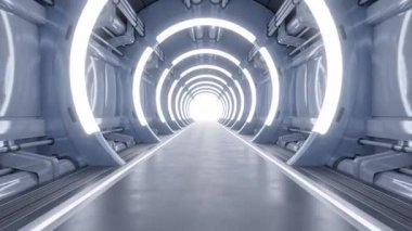 Parlak dairesel ışıklar, parlak metalik duvarlar ve sonunda parlak bir ışık ile fütüristik tünelin canlandırılması derinlik ve modernlik hissi yaratıyor..