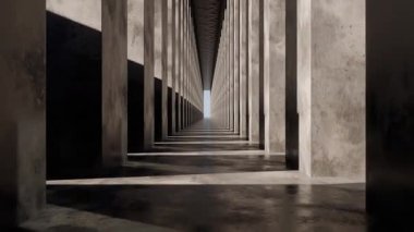 Uzun, beton sütunlarla dolu uzun bir koridorun animasyonu derinlik ve perspektif hissi yaratıyor. Zemin yansıtıcıdır, mimari özellikleri ve gölgeleri güçlendirir..