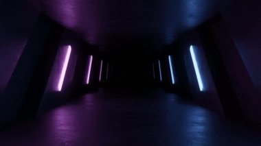 Mor ve mavi renkli neon ışıklarla aydınlatılan karanlık bir koridorun canlandırılması fütüristik bir atmosfer yaratıyor. Duvarlar parlak ve modern, derinlik ve gizem duygusunu geliştiriyor..