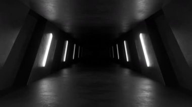 Pürüzsüz duvarları ve parlak şeritleri olan karanlık, fütüristik bir koridor animasyonu. Perspektif, bilinmeyen bir uzaya açılan bir derinlik hissi yaratır..