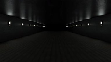 Karanlık, simetrik duvar ışıklarıyla dolu boş bir koridor canlandırması.