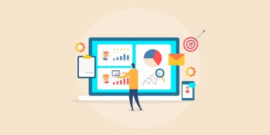 Müşteri ilişkileri yazılım sistemi kullanan işadamı, sorunsuz iş yönetimi ve organizasyon pazarlama hedefi tamamlama, illüstrasyon kavramı için web uygulaması CRM.